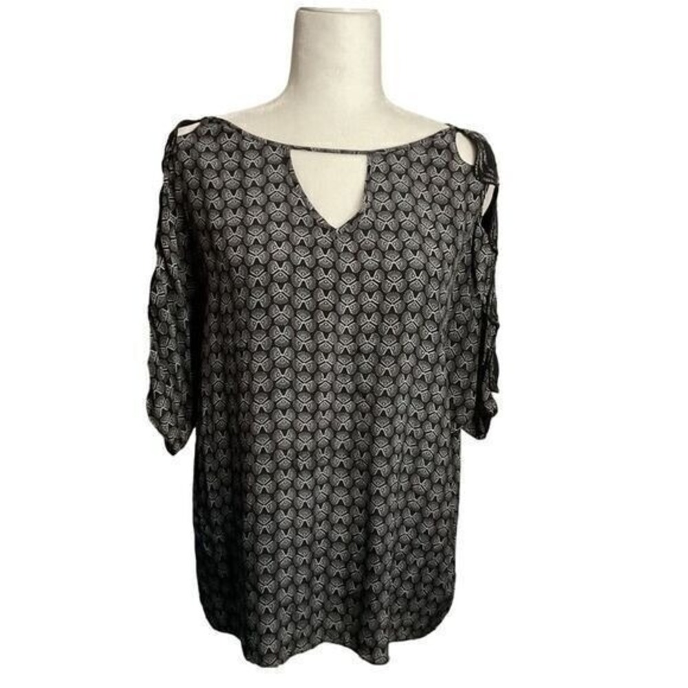 Anthropologie Leifsdottir Silk Blouse Geometric Print Cold Shoulder Keyhole